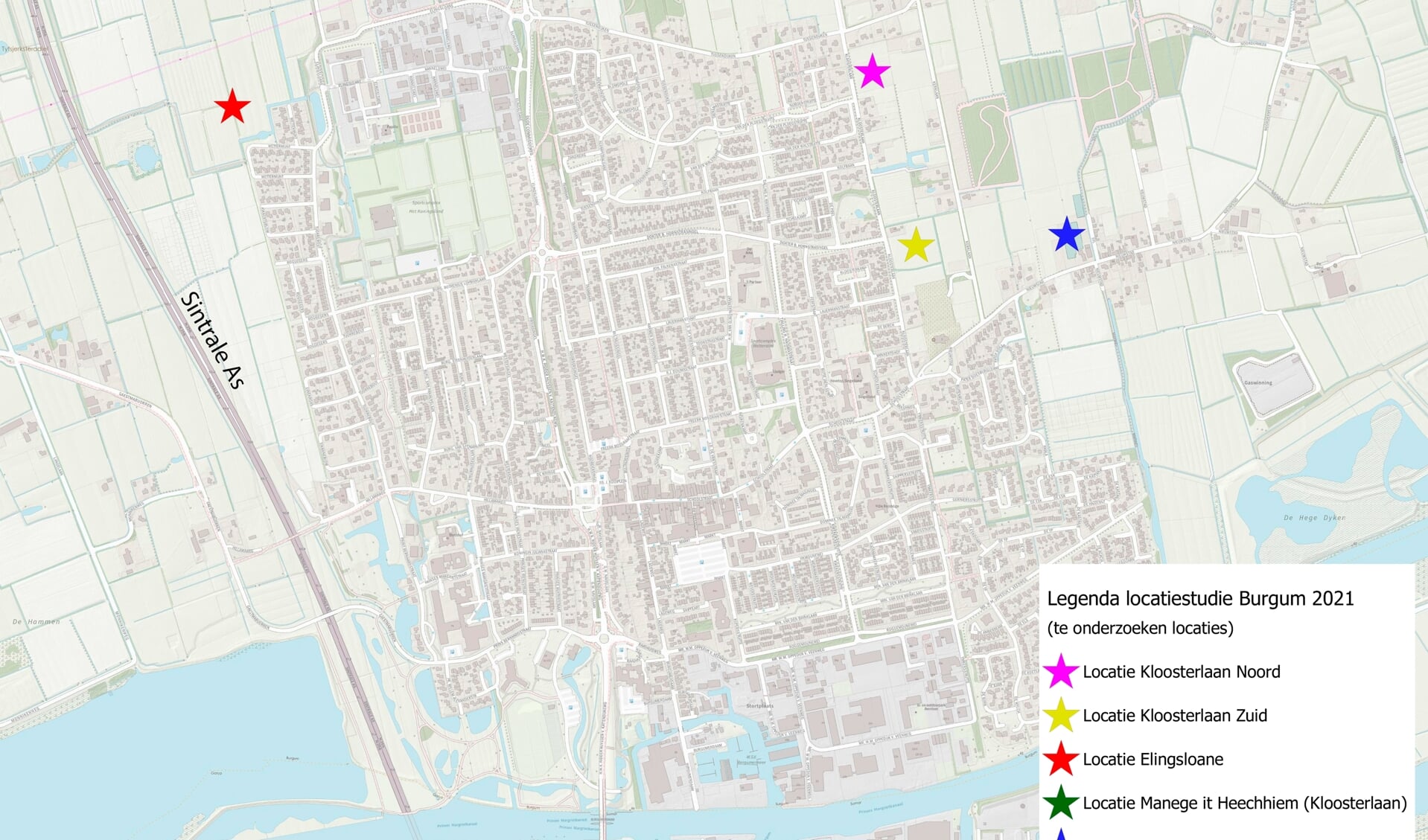 Net boven de roze ster is de groene ster (Locatie Manege) weggevallen. De blauwe ster betreft de locatie Tuincentrum aan de Nieuwstad, de meeste oostelijke locatie.