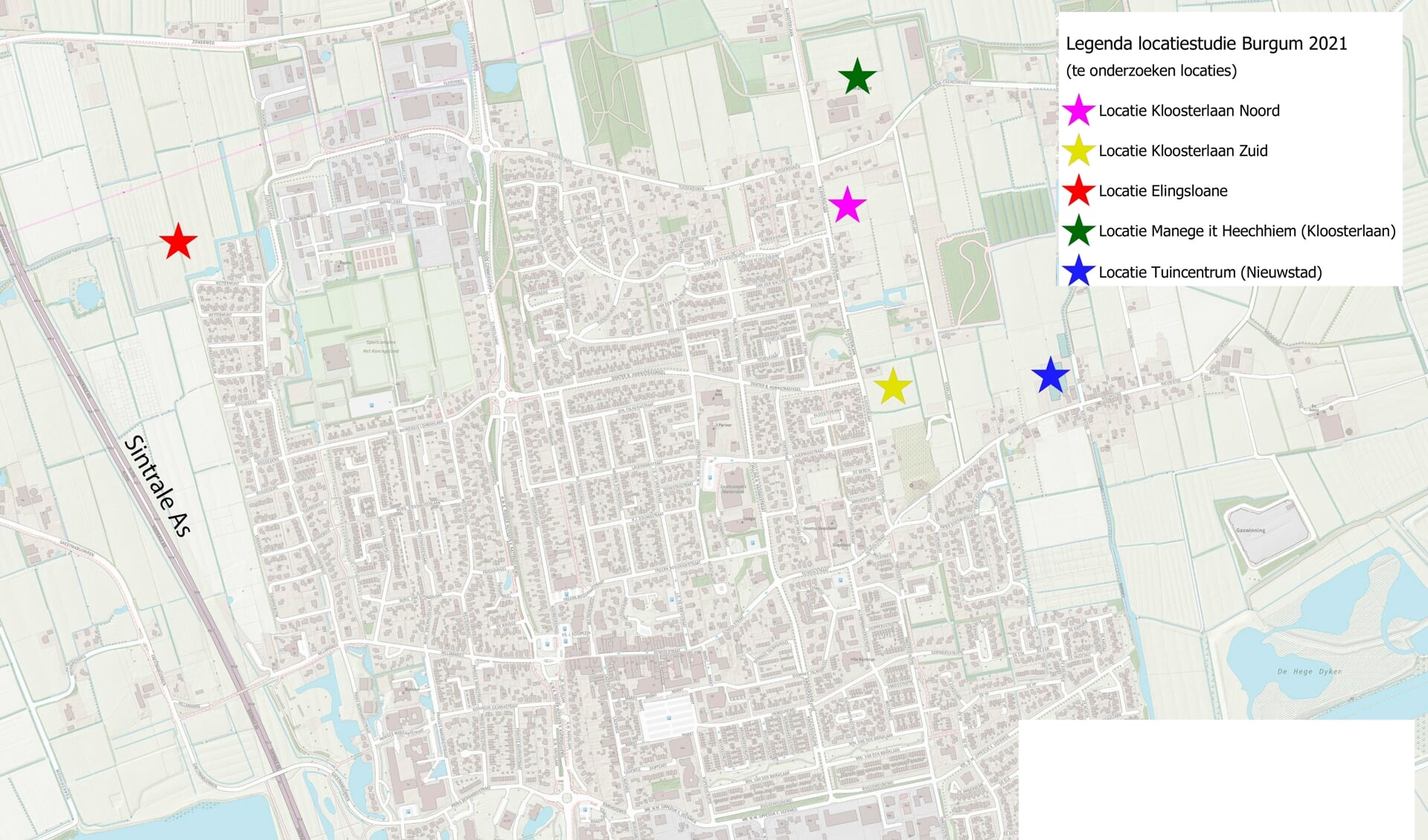 De groene ster ('manege') en de lila ster ('Kloosterlaan Noord') hebben de voorkeur van de gemeenteraad van Tytsjerksteradiel voor nieuwbouw.