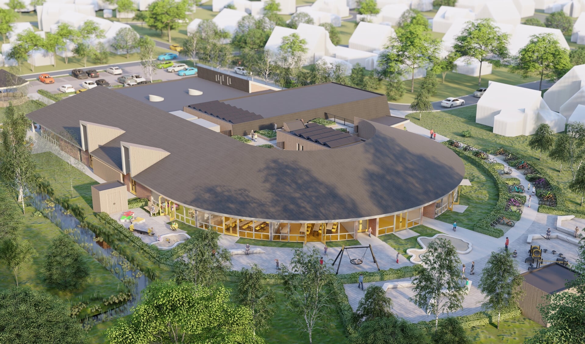 Het winnende ontwerp van Alynia Architecten voor het nieuwe MFA in Jistrum, dat de huidige sportvoorziening vervangt, op de hoek van de Hessel Loonstrastrjitte en de Fjildwei.
