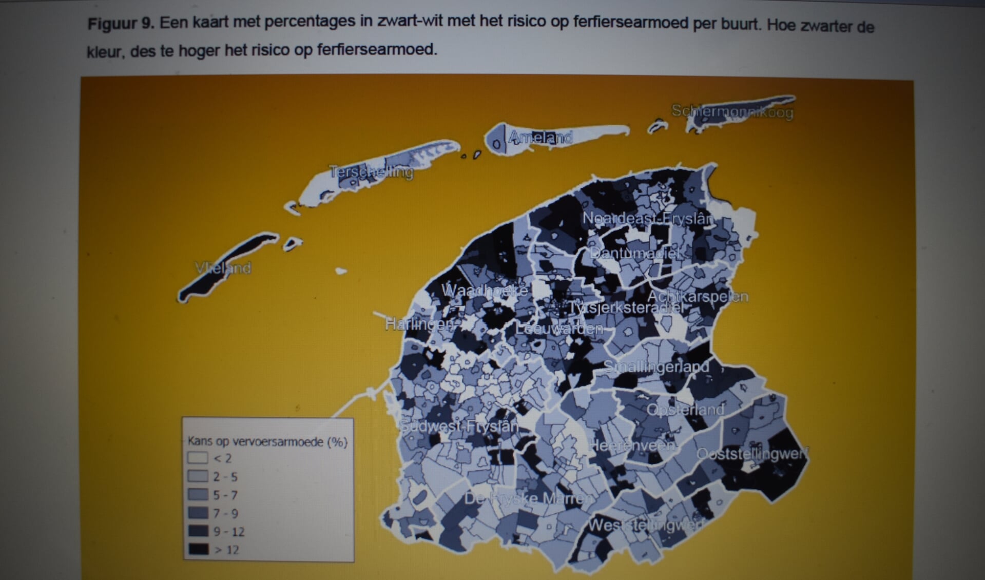 Kans op 'vervoersarmoede' op buurtniveau in Fryslân: hoe donkerder, hoe hoger het risico.