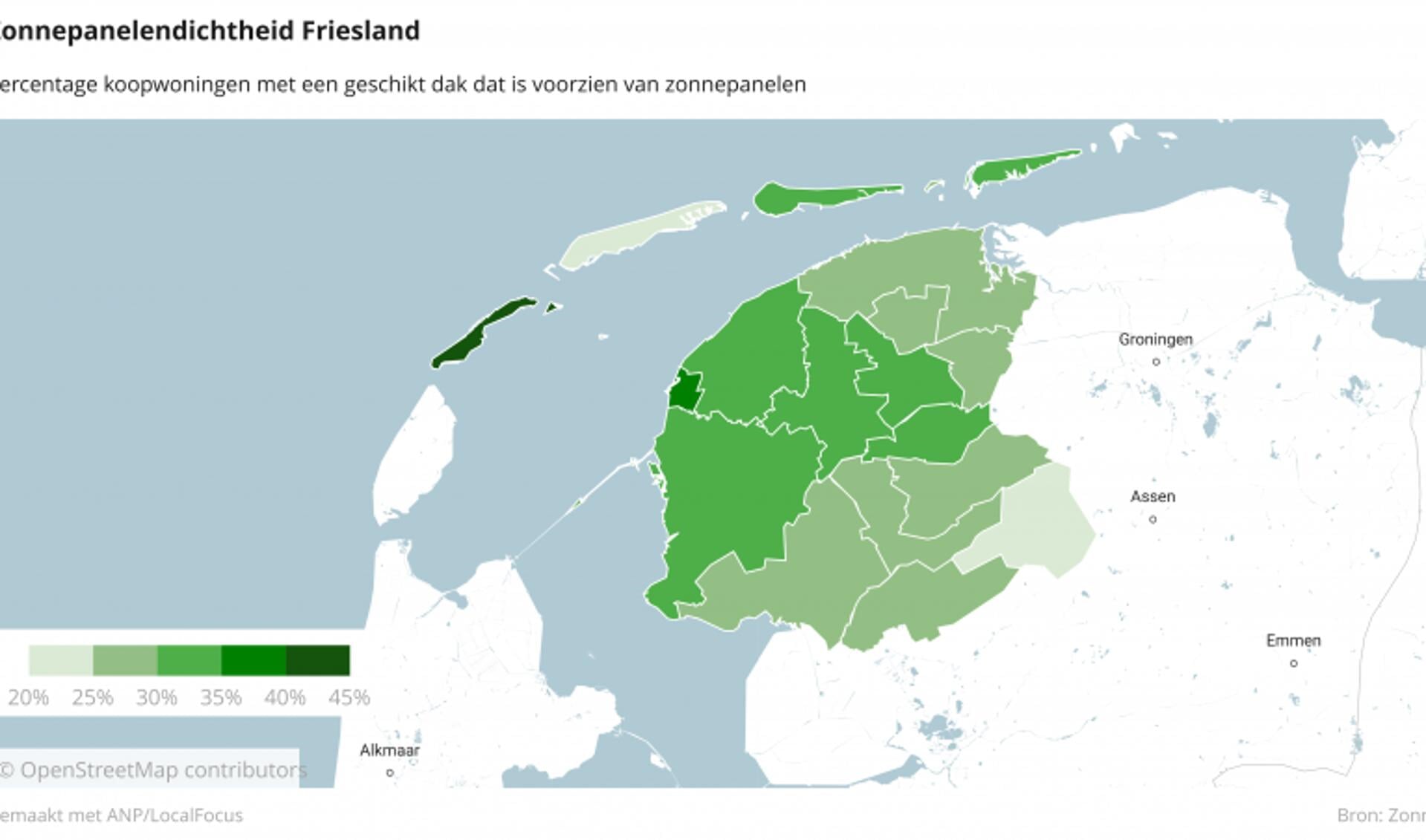 Vlieland en Harlingen zijn de gemeenten met de hoogste percentages zonnepanelen op koopwoningen in Fryslân.