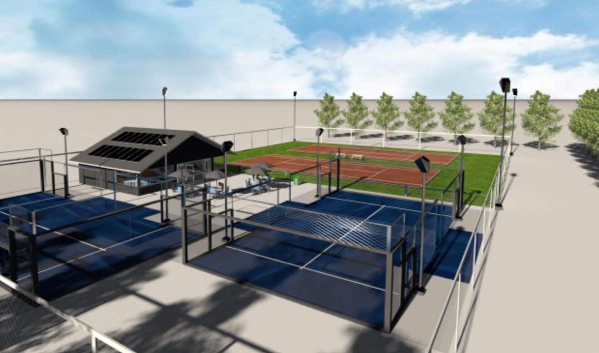 Een verbeelding van de toekomstige tennis- en padelbanen plus clubhuis van TC Dokkum.