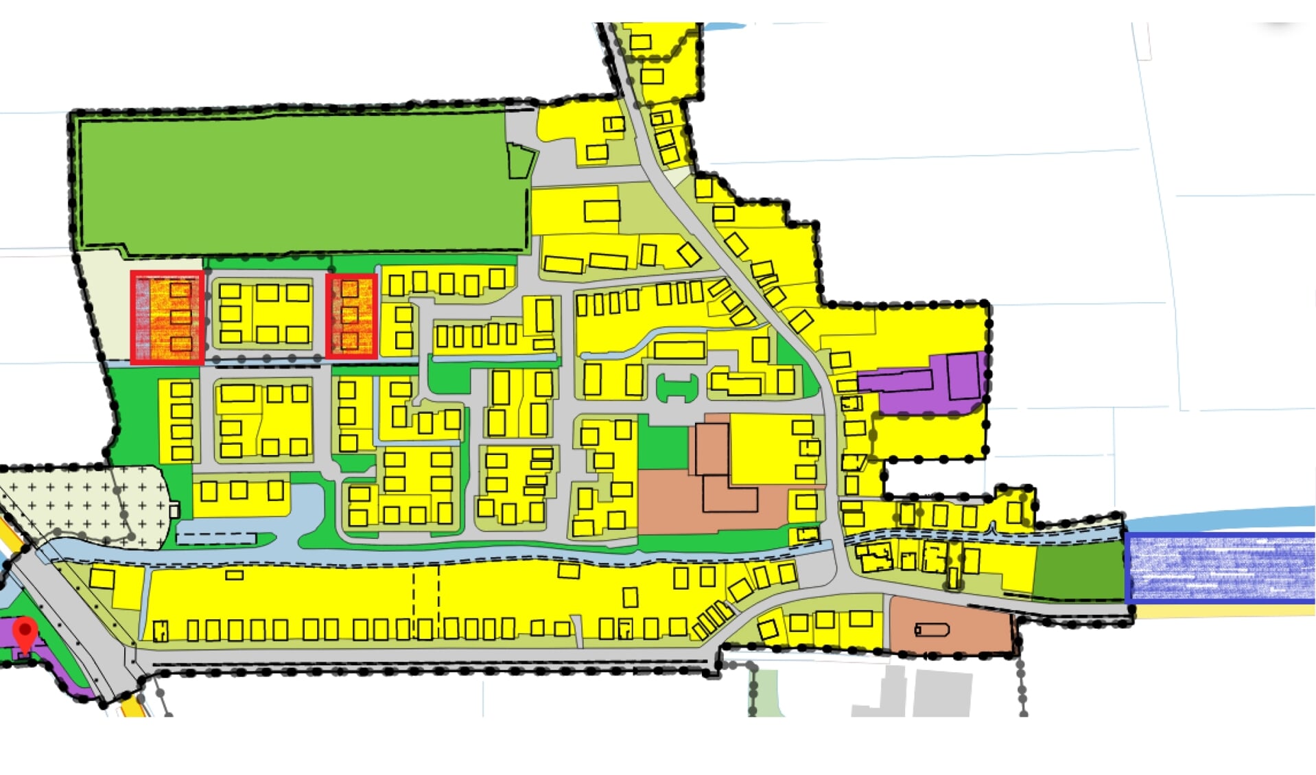 Rechtsonder aan de Slachtedyk bij Ryptsjerk wil R. Hendriks acht woningen bouwen. De gemeente wil er negen (waarvan zes getekend) in de rode gebiedjes linksboven.