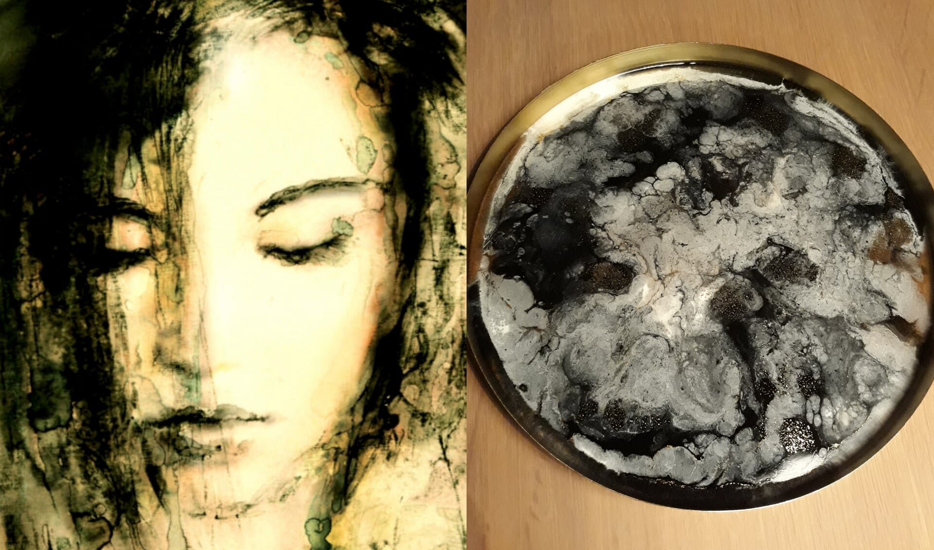 Links een portret gemaakt door Hein Kocken, rechts een resin-art-tafel van Liesbeth Sijtsma.