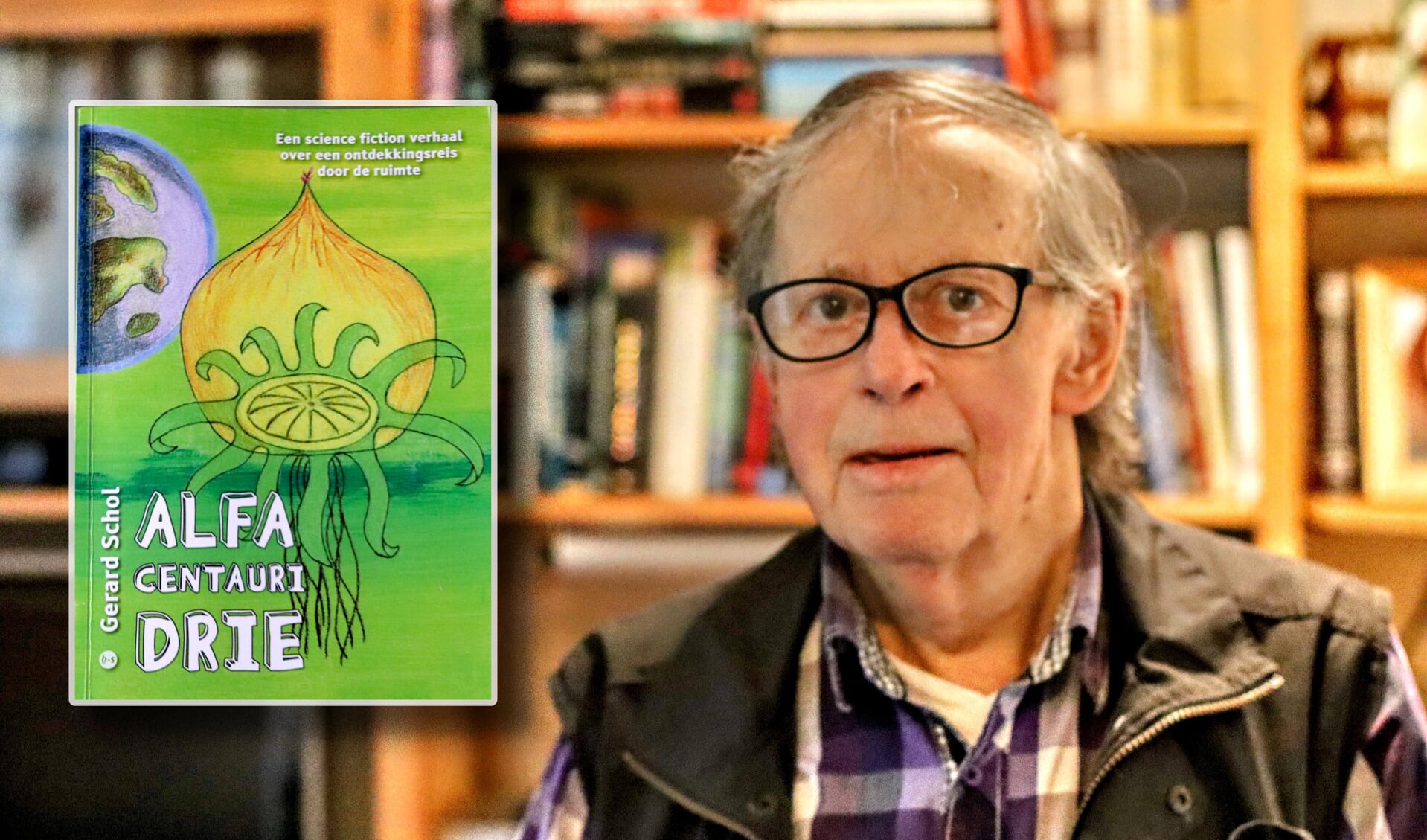 Gerard Schol schrijft over reis naar andere planeet. Inzet omslag van het boek.