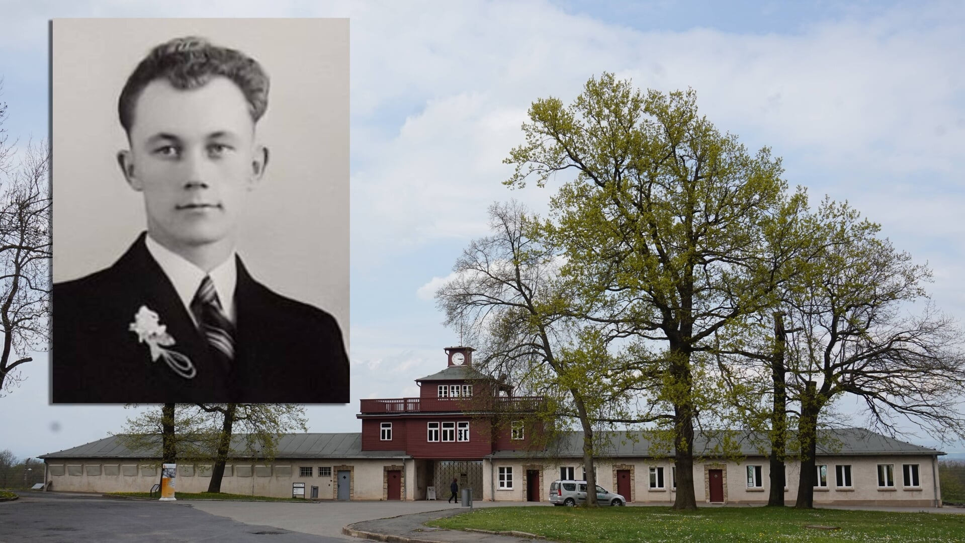 De huidige situatie Kamp Buchenwald met als inzet de trouwfoto van opa Geert Liemburg.