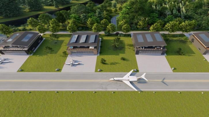 Een plaatje van de mogelijke nieuwe 'hangarwoningen' op het noordelijk deel van het vliegveld van Drachten.
