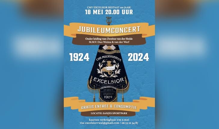 100-jarige C.M.V. Excelsior Veenwoudsterwal viert 18 mei jubileumconcert.