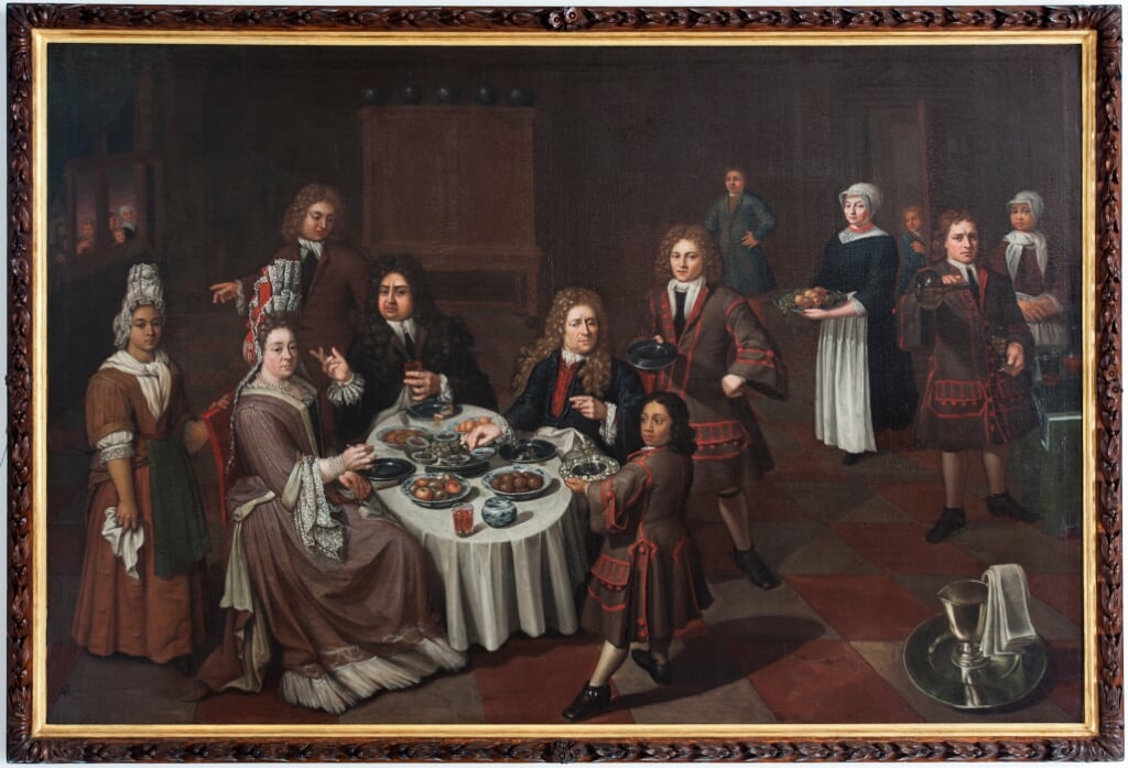 Het schilderij “Maaltijd met Julius Schelto van Aitzema, Sara van der Broek, gasten en bedienden"