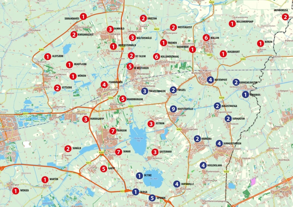 Op de kaart de carbidlocaties waar een vergunning voor is afgegeven. In rood de locaties uit de editie Midden en in blauw een deel van de locaties uit editie Zuid. Scan de QR-code voor een impressie van het carbidschieten in Burgum in 2020.