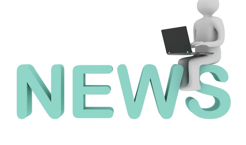<p>3d white man sitting on the labels NEWS</p>