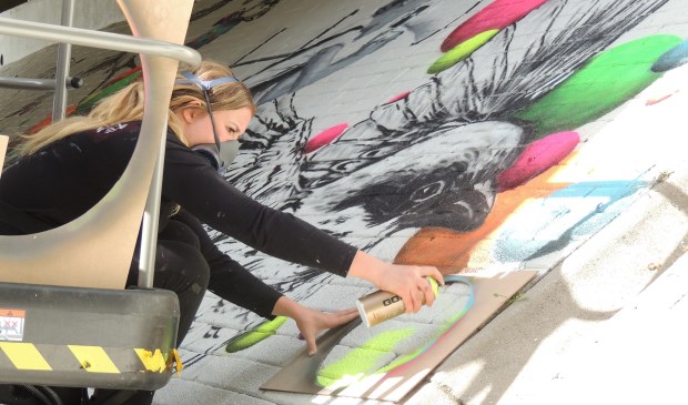 Street-art kunstenares Rosalie de Graaf aan het werk.