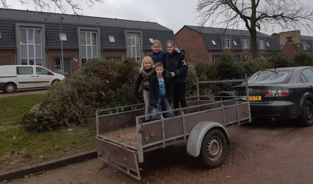 (vlnr) Zoë, Bjorn, Inge en Lisan zamelden woensdag ruim honderd bomen in in hun wijk Lombok.