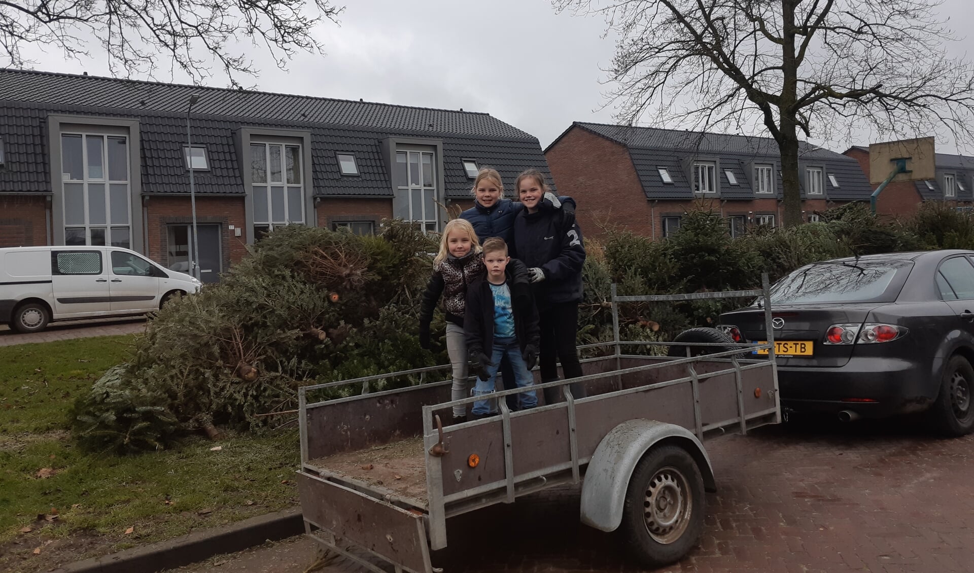 (vlnr) Zoë, Bjorn, Inge en Lisan zamelden woensdag ruim honderd bomen in in hun wijk Lombok. 
