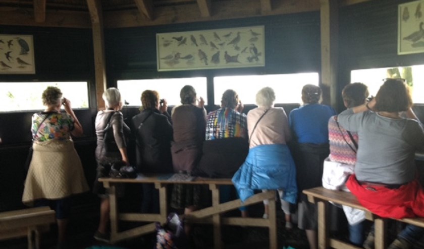 Op de foto een groep mantelzorgers die al wandelend door De Blauwe Kamer in de vogelhut uitkwamen. (foto: Frederike Burgers)