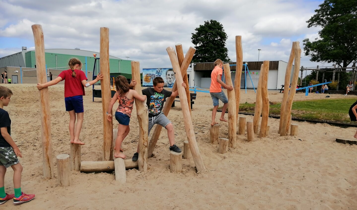 Kinderen testen de klauterbaan op het strand van Walburgen (foto: Willy Evers)