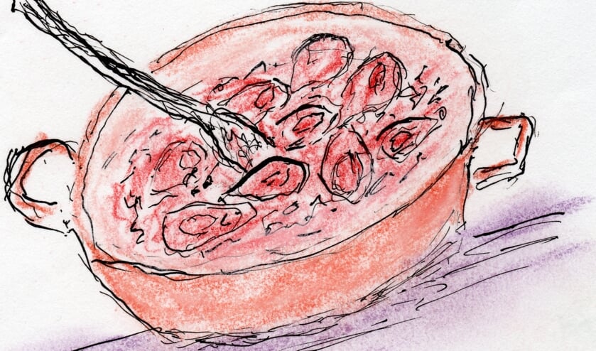 Deze tekening komt in het boek De Huiskamer Kookt. (foto: Corry Diks)
