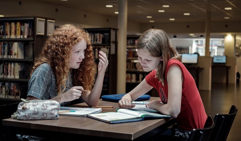 Huiswerk maken in de bibliotheek.