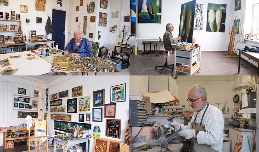 Kunstenaars in hun atelier aan het werk.