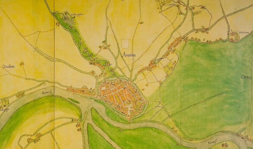 Arnhem en de verschillende Rijnbeddingen rond 1560. Kaart van Jacob van Deventer.