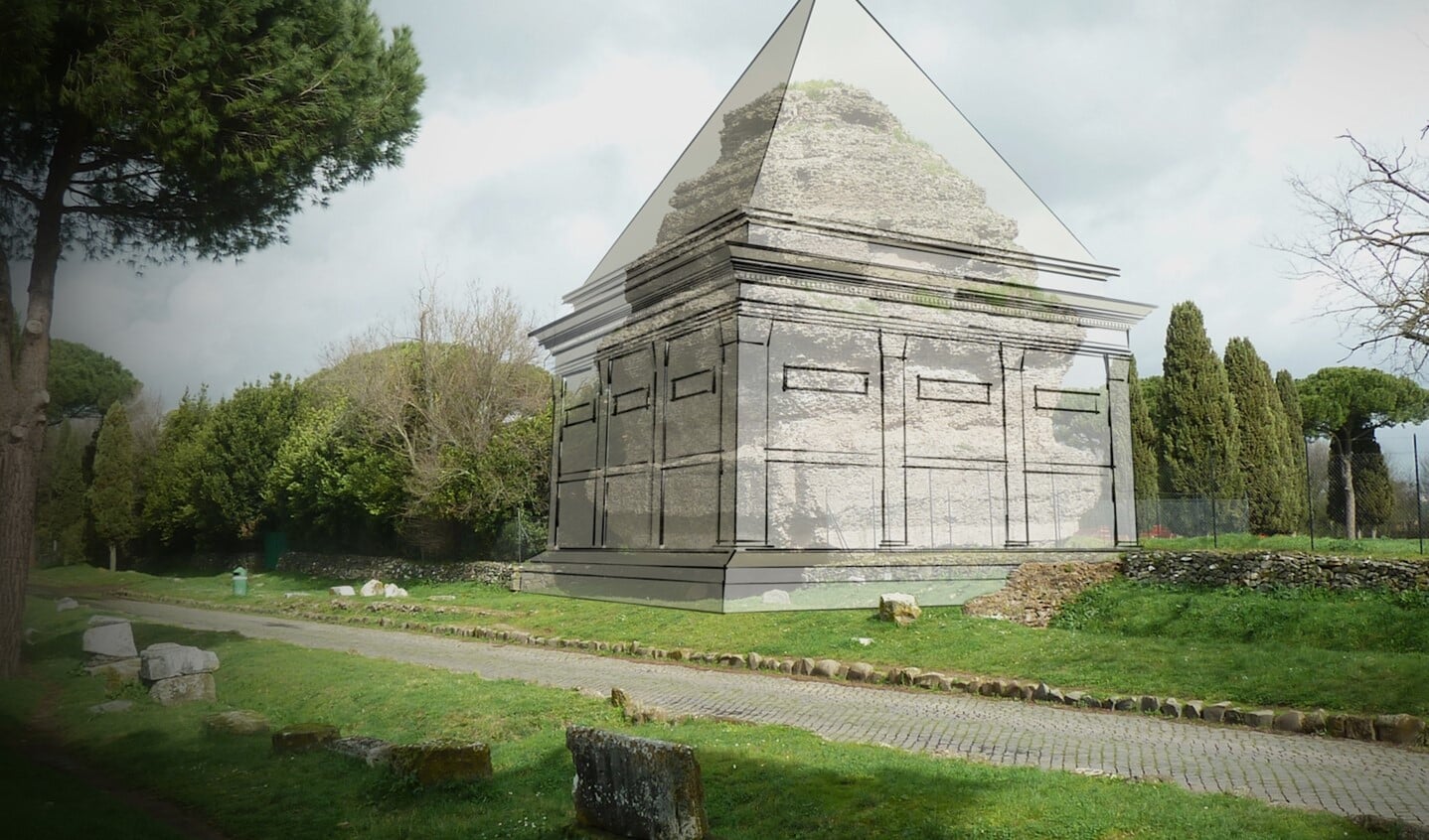 3D-reconstructie van een monument langs de Via Appia. (Illustratie: Rens de Hond)