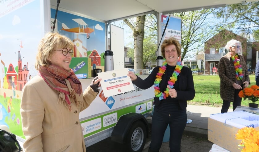 <p>Rotary overhandigt cheque aan Zwaanse Buurtkraam. (foto: Gerard Nijhuis)</p>