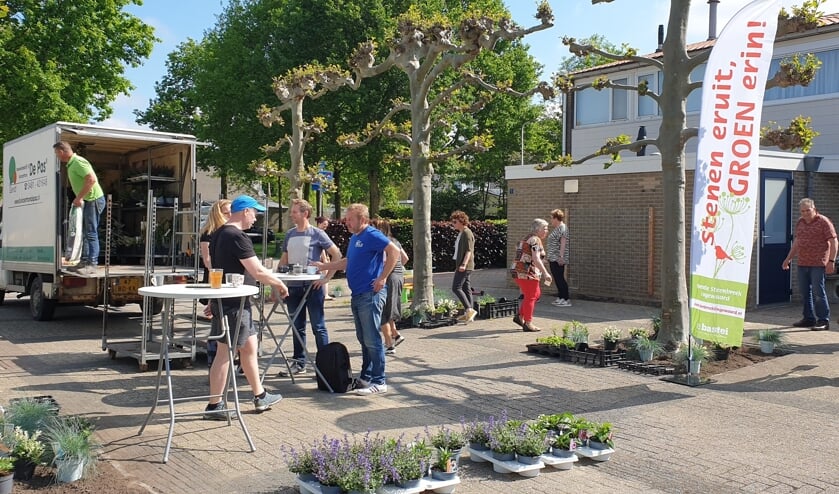 <p>Bewoners vergroenen het pleintje van De Wilgenhof. (foto: Operatie Steenbreek Lingewaard)</p>