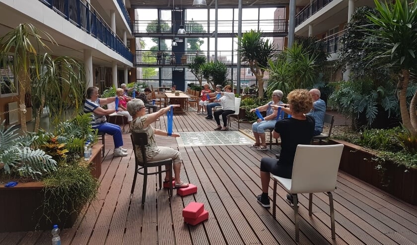 <p>Actieve bewoners Oranjerie tijdens de Balkon Beweegdag 2021. (foto: Rosanne de Groot)</p>