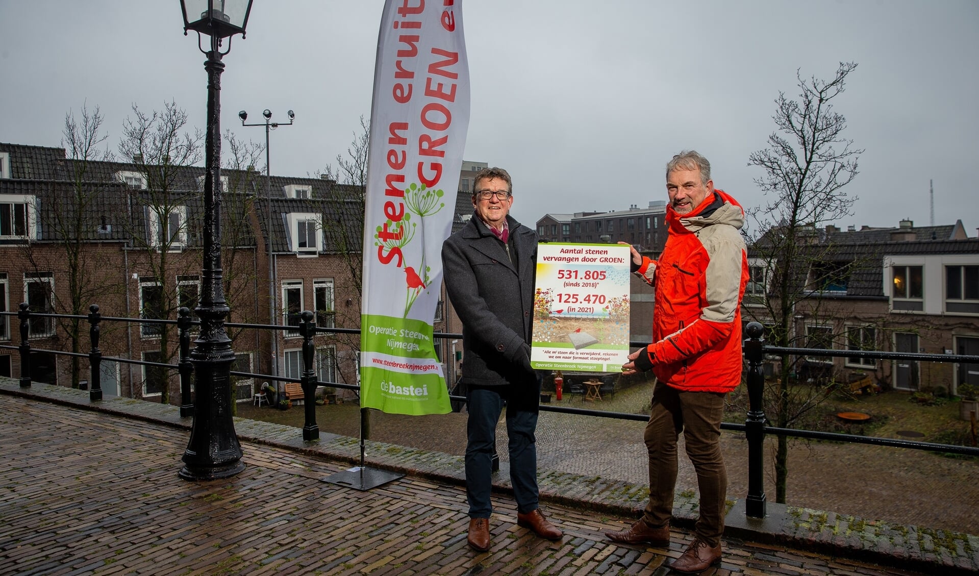 Wethouder Jan Wijnia (l) krijgt naast het jaaroverzicht 2021 ook de stenenteller van Operatie Steenbreek Nijmegen overhandigd door directeur Hans Hooijmaijers van De Bastei. 
