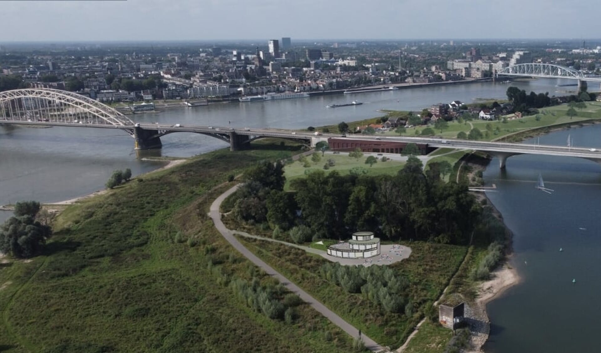 Impressie van variant Waalpark met een enkele voorziening. (gemeente Nijmegen) 