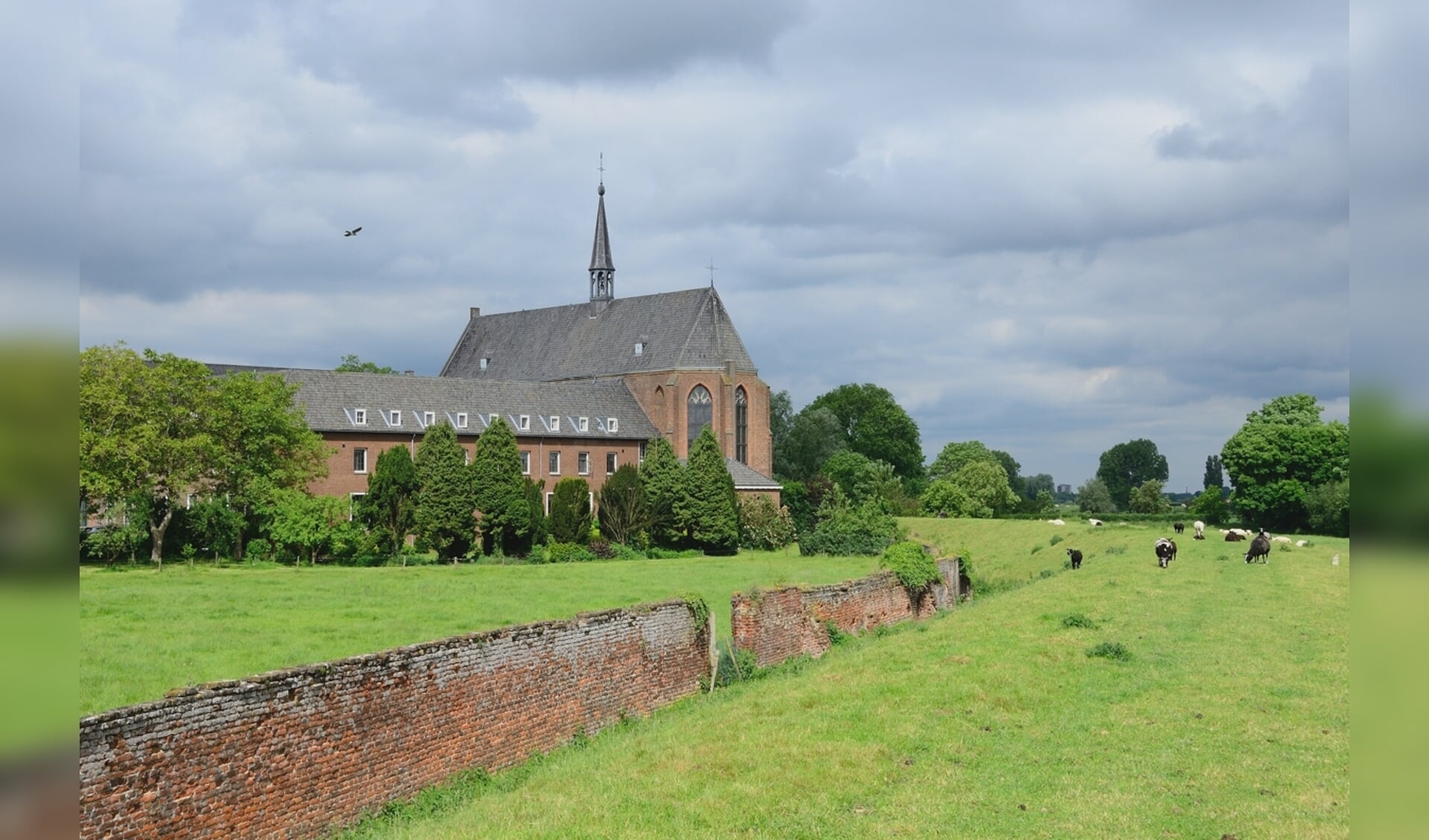 Kloostergebouw en kloosterkerk vanaf de Maasdijk.