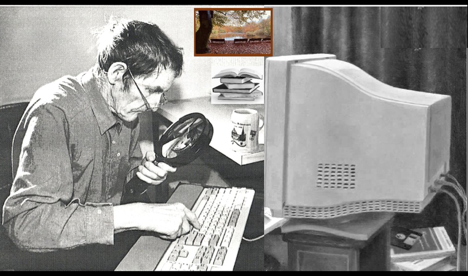 Oude man achter computer. 