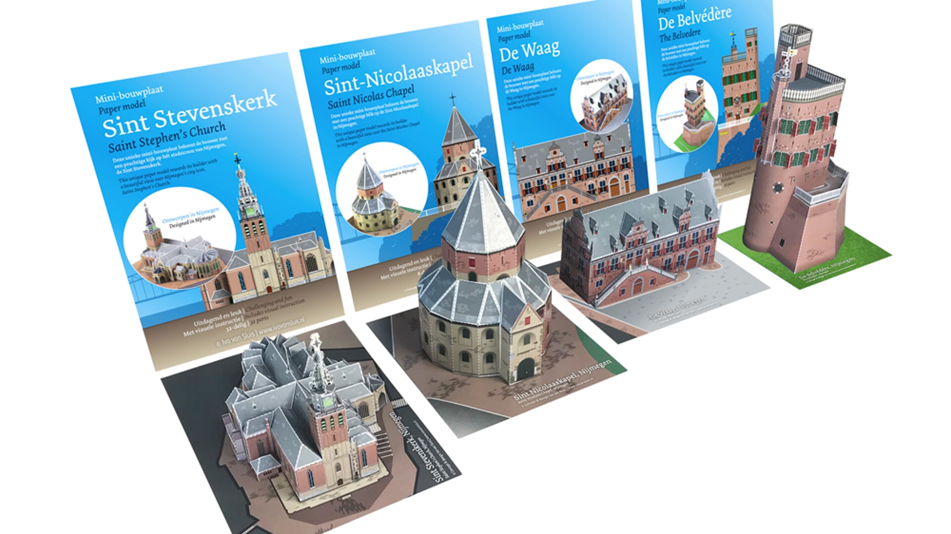 Vier Nijmeegse monumenten in karton.