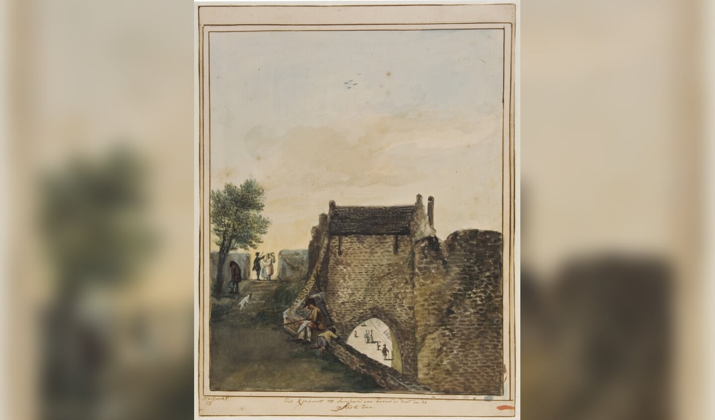 ‘De Rynpoort tot Aernhem, van boven de vest in de Stad te zien, 1776’, tekening van P.J. van Cuyk.