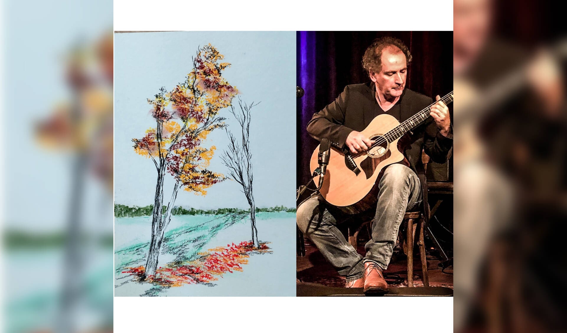 Links een tekening uit de serie 'bomen', rechts gitarist Ton Lukassen