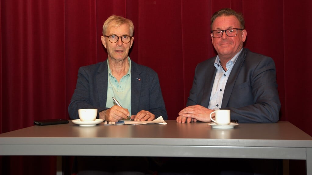 Links de nieuwe hoofdsponsor Henk Meijers en rechts de voorzitter van Wilhelmina. (eigen foto)