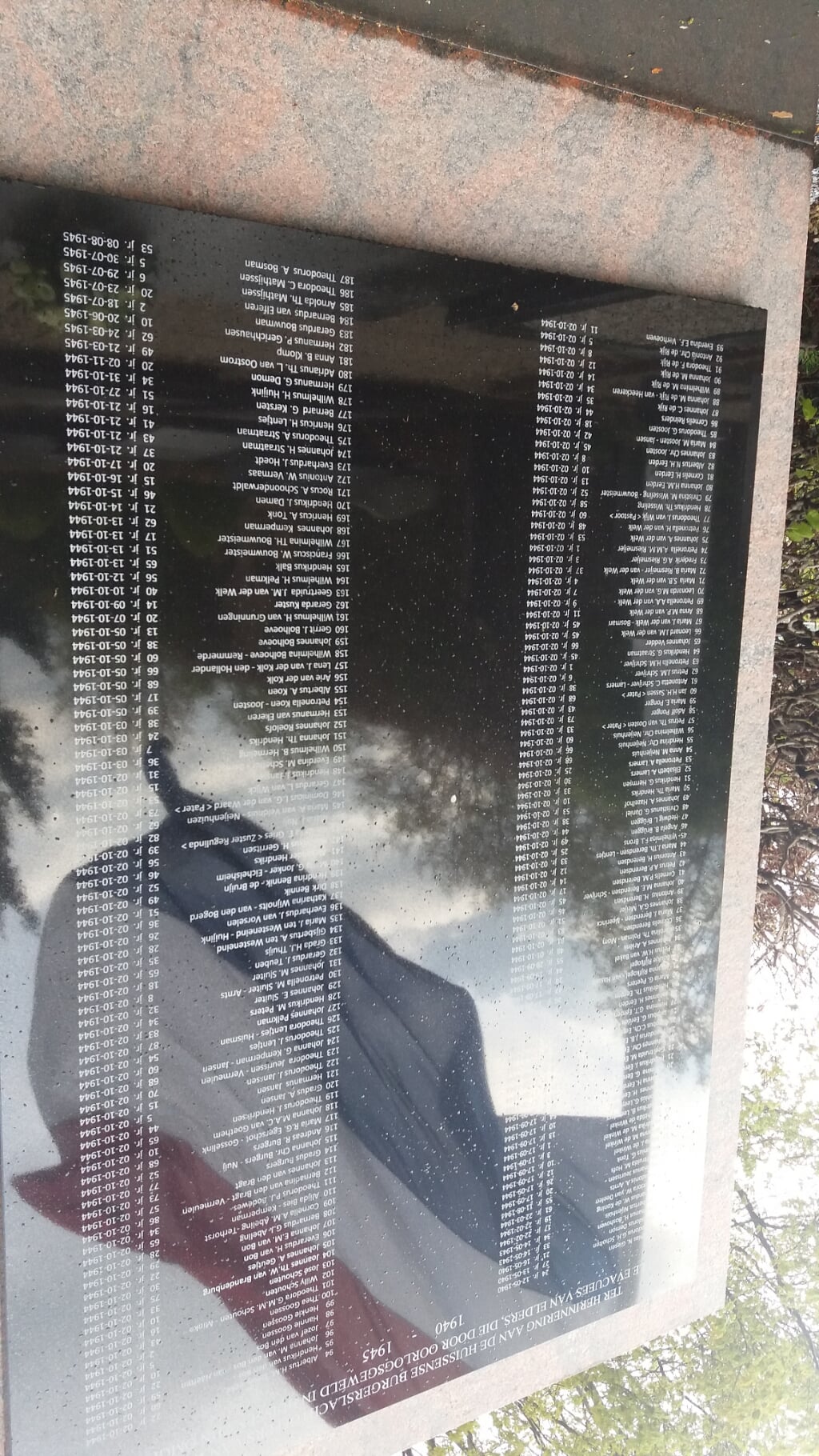 In de marmeren plaat staan de namen van de 187 aan Huissen verbonden burgerslachtoffers vermeld. (foto: Martien van Hemmen)