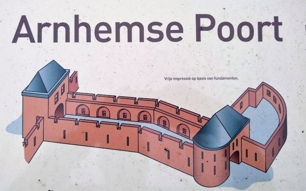 Gedeelte van een bord bij de muurwerken van de Arnhemse Poort muurwerken van de Arnhemse Poort. (foto: HKH/Hist. Kr. Huessen)