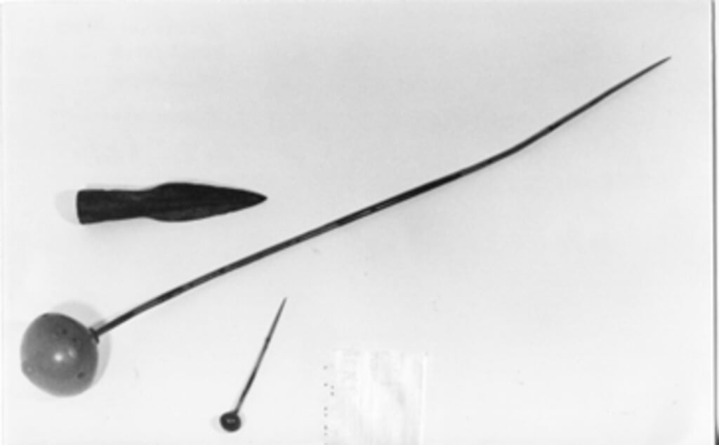 Kleine mantelspeld, lange mantelspeld en lansschacht gevonden bij een oude Waalstrang. (foto: Rob Woldringh)
