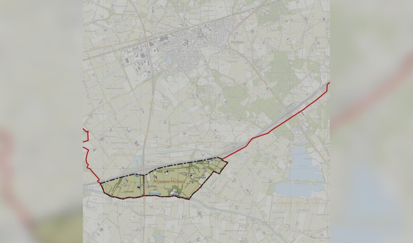 Het zoekgebied langs de A1, met boven de kern Holten en rechts onder zandwinnigsgebied de Domelaar dat hoort bij de Hof van Twente.