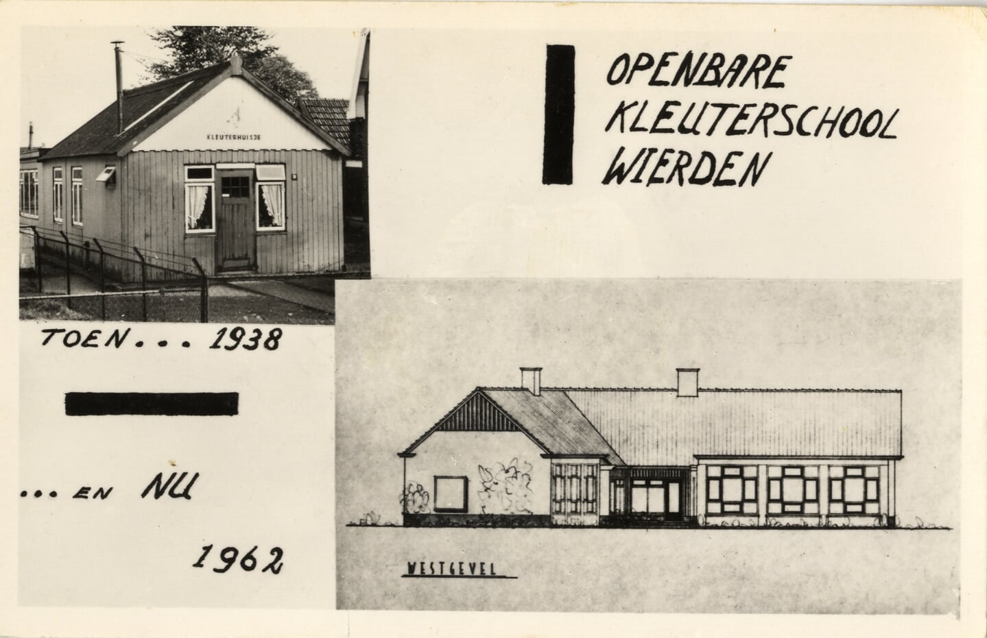 Een ansichtkaart met daarop het begin van het Openbaar kleuteronderwijs in 1938 aan de Stationsstraat en de latere kleuterschool de Zonnehoek op de hoek Marktstraat Schoolstraat. 