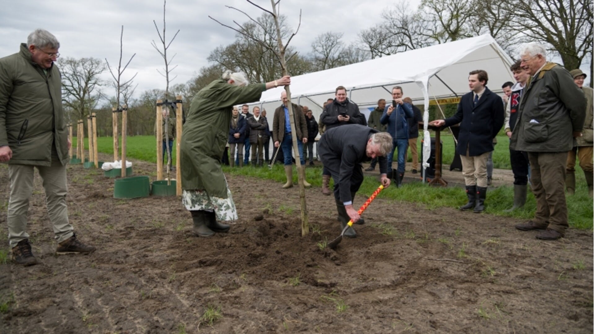 Gedeputeerde Maurits von Martels plant de laatste notenboom aan de Welevelderallee op Landgoed Weleveld (foto: provincie Overijssel)
